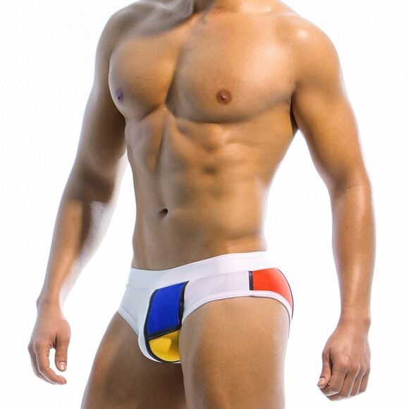 Men's low rise contoured Mondrian color blocked swim briefs speedo White Size L - Picture 1 of 9